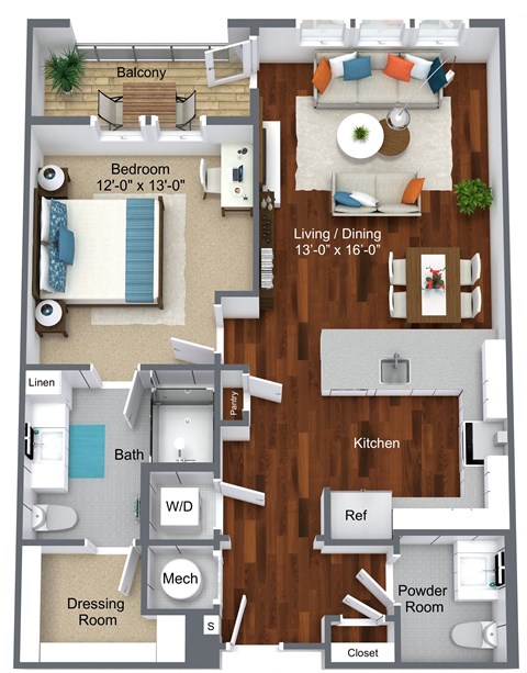 Floor plan for 1 bed, 1.5 baths, 838 sqft